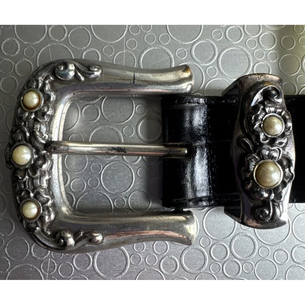 Vintage Brighton Black Croc Embossed Leather Belt S Faux Pearl Buckle 23503